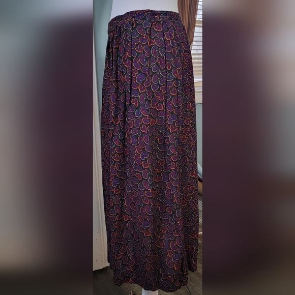 Vinatge 80's Midi Skirt Women's 16 Black, Purple & Multi Paisley Elastic Waistba - Picture 3 of 12